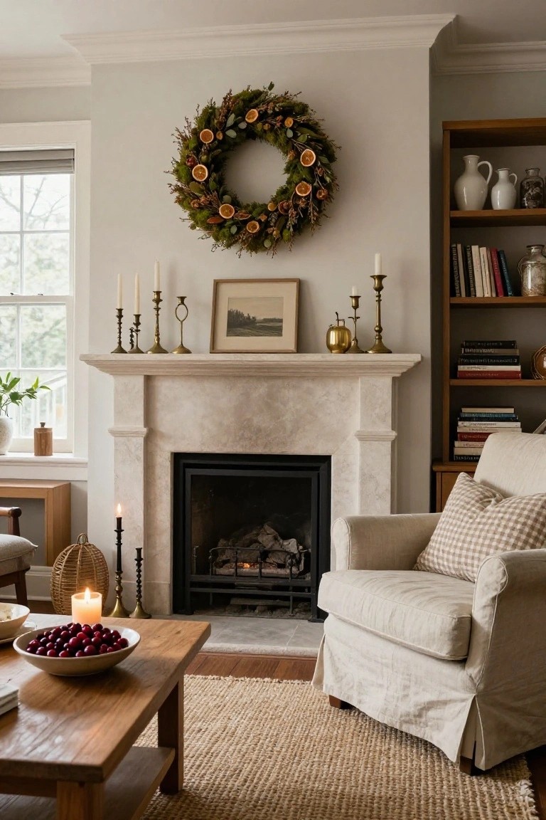 Light gray walled living room with marble fireplace, brass candlesticks and painting on mantel, large moss wreath with dried oranges and greenery hung above, wooden coffee table holding bowl of cranberries, beige armchair, bookshelves, and window.