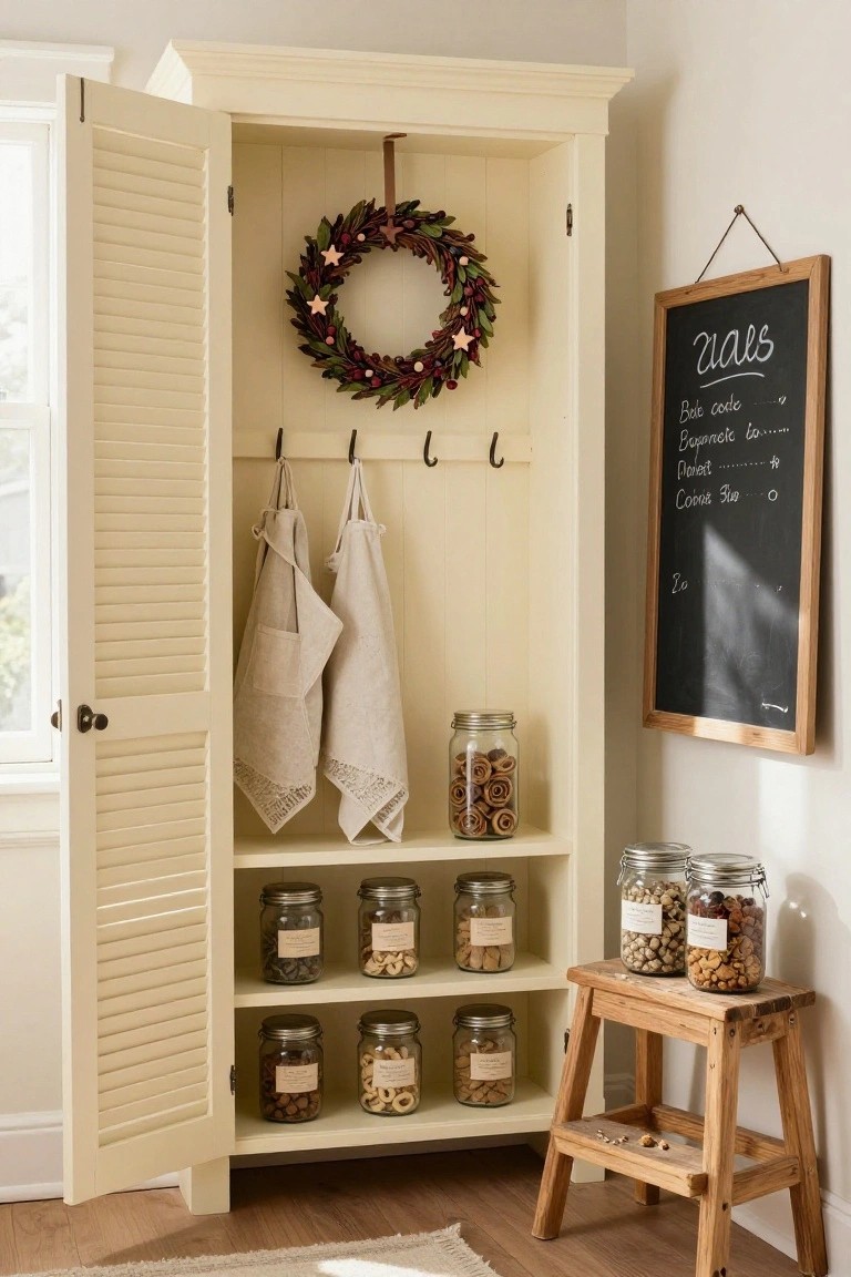 Open cream louvered armoire with hanging berry Christmas wreath, beige aprons on hooks, glass jars of nuts and snacks on shelves, wooden step stool in front, and chalkboard sign on adjacent wall.