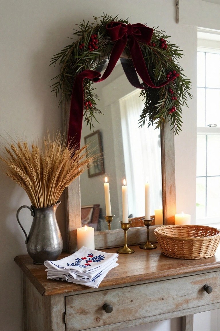 Vintage white-framed mirror draped with eucalyptus greenery, red berries, and velvet ribbon wreath, above a distressed wooden console table with pewter pitcher of wheat stalks, brass candlesticks, white pillar candles, embroidered napkins, and woven basket.
