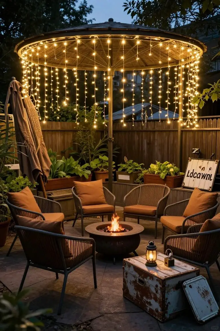 A backyard patio with a round bamboo pergola strung with cascading string lights above a central gas fire pit, surrounded by rattan chairs with cushions, potted plants, lanterns, and a wooden fence.