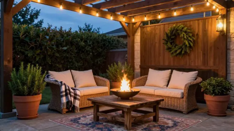 Wooden pergola over a patio with string lights, beige wicker loveseat and chairs around a square wooden coffee table with fire pit, two large terracotta pots with rosemary plants, Christmas wreath on fence, at evening dusk.