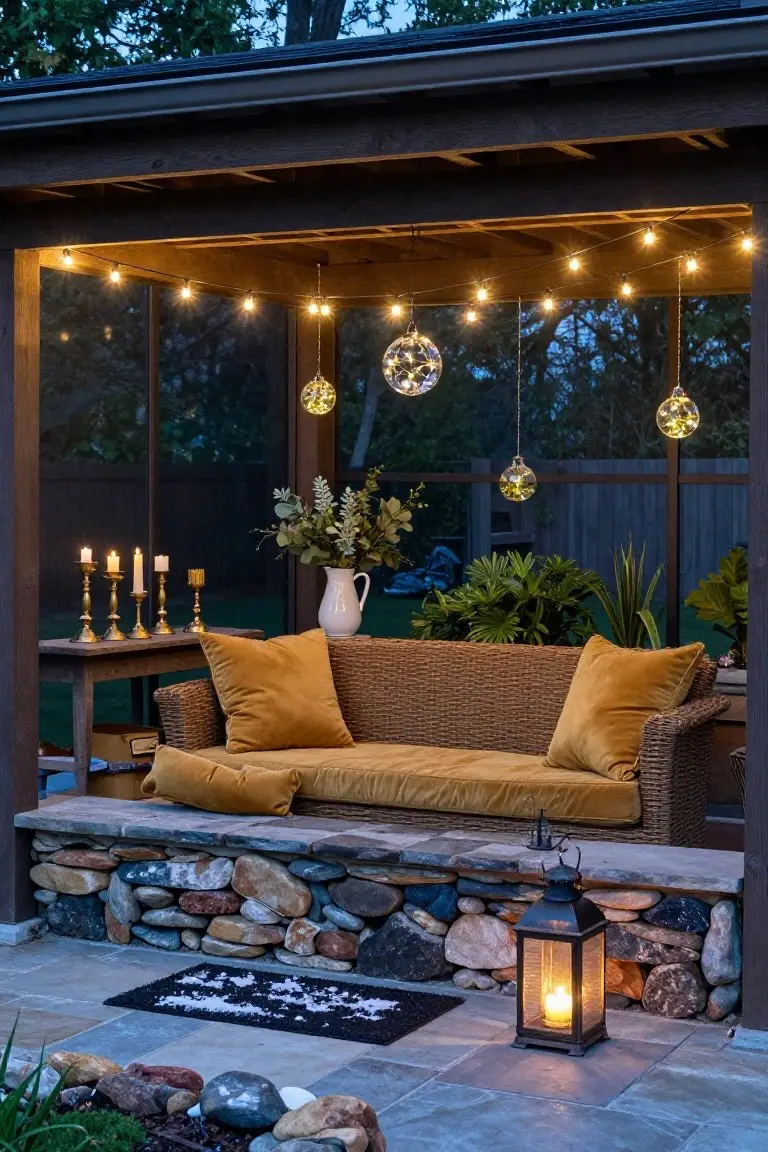 Screened wooden porch at dusk featuring overhead string lights, three hanging glass globes with fairy lights, wicker loveseat with yellow velvet cushions on stone base, wooden table with gold candlesticks and plants, black lantern on paver patio.