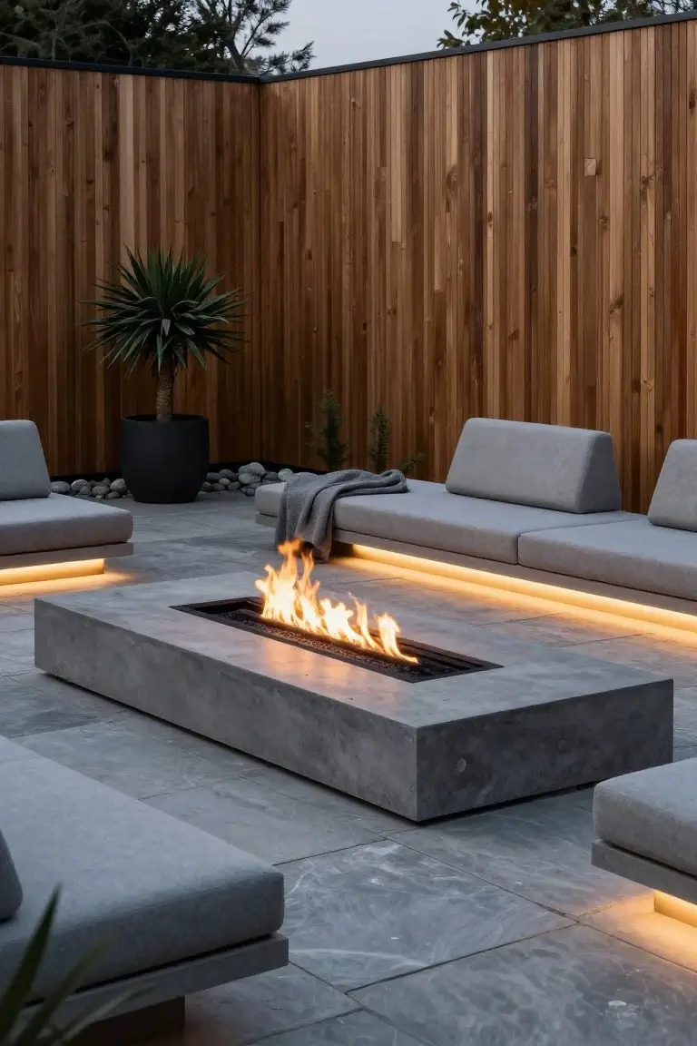 Modern outdoor patio with rectangular concrete fire table featuring linear gas flames, surrounded by low gray modular L-shaped seating with LED underlighting, wooden slat fence, potted palm plant, and dark gray pavers.