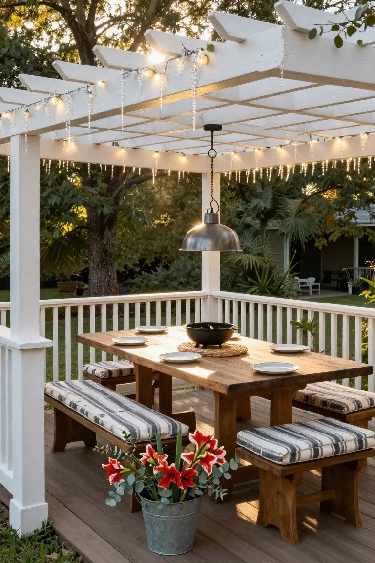 White pergola on a wooden deck strung with multiple strands of icicle Christmas lights over a rustic wooden dining table set with white plates and a black bowl, surrounded by potted red amaryllis flowers and greenery.
