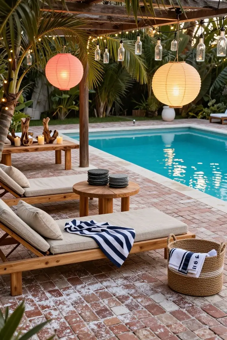 Wooden pergola over a poolside patio strung with fairy lights in glass bottles and hanging pink and white paper lanterns, with wooden lounge chairs, towels, and stacked plates on a brick paver surface surrounded by palms.