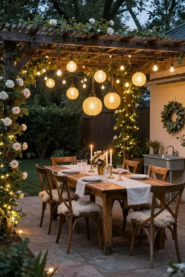 Wooden pergola-covered patio with dining table set with white linens, plates, wine glasses, gold candlesticks, and flowers, lit by hanging string lights and lanterns, surrounded by climbing white roses and greenery.
