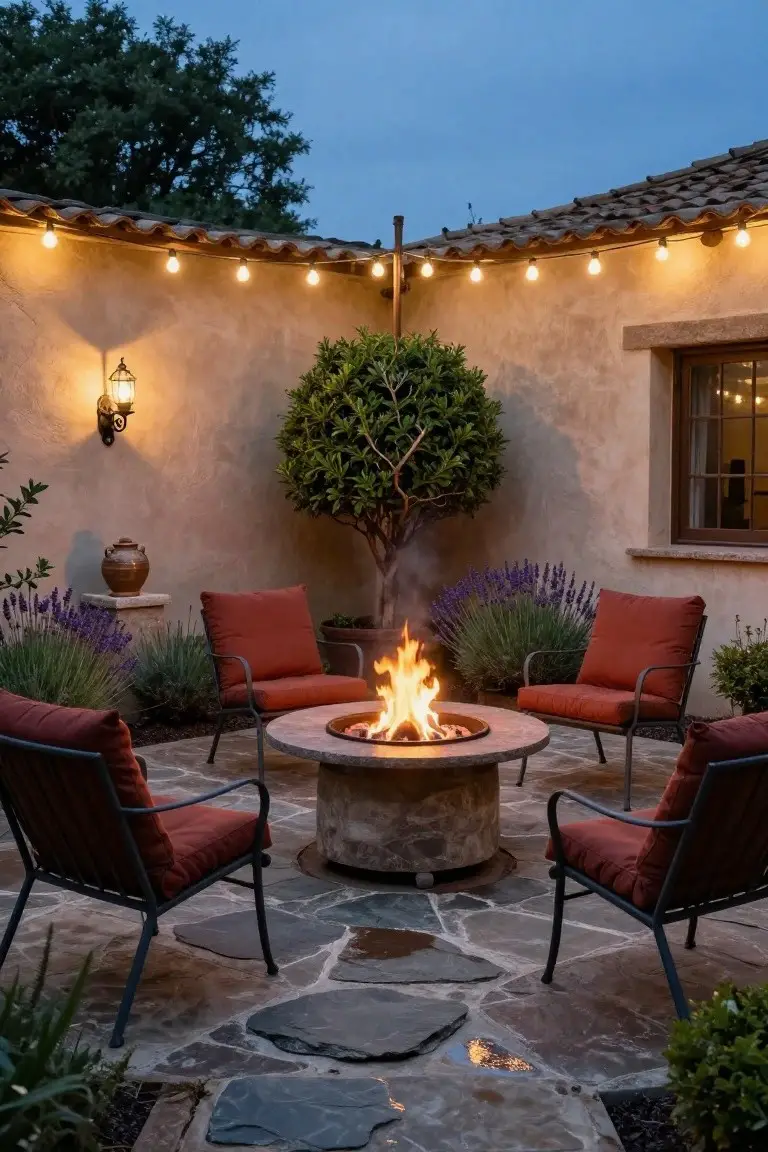 Outdoor patio at dusk with red cushioned chairs arranged around a round stone fire pit, lavender plants, a potted boxwood tree, string lights along the curved roofline and stucco walls, and a lantern wall light.