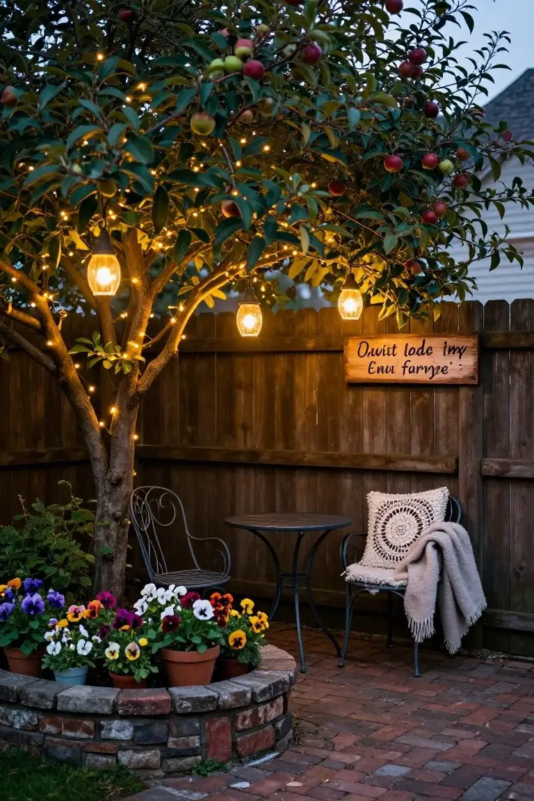 Patio area featuring a tree wrapped in string lights and adorned with hanging lanterns, a metal bistro table and chairs with cushions and blanket, colorful potted pansies around a brick planter circle, and a wooden fence with a carved sign.