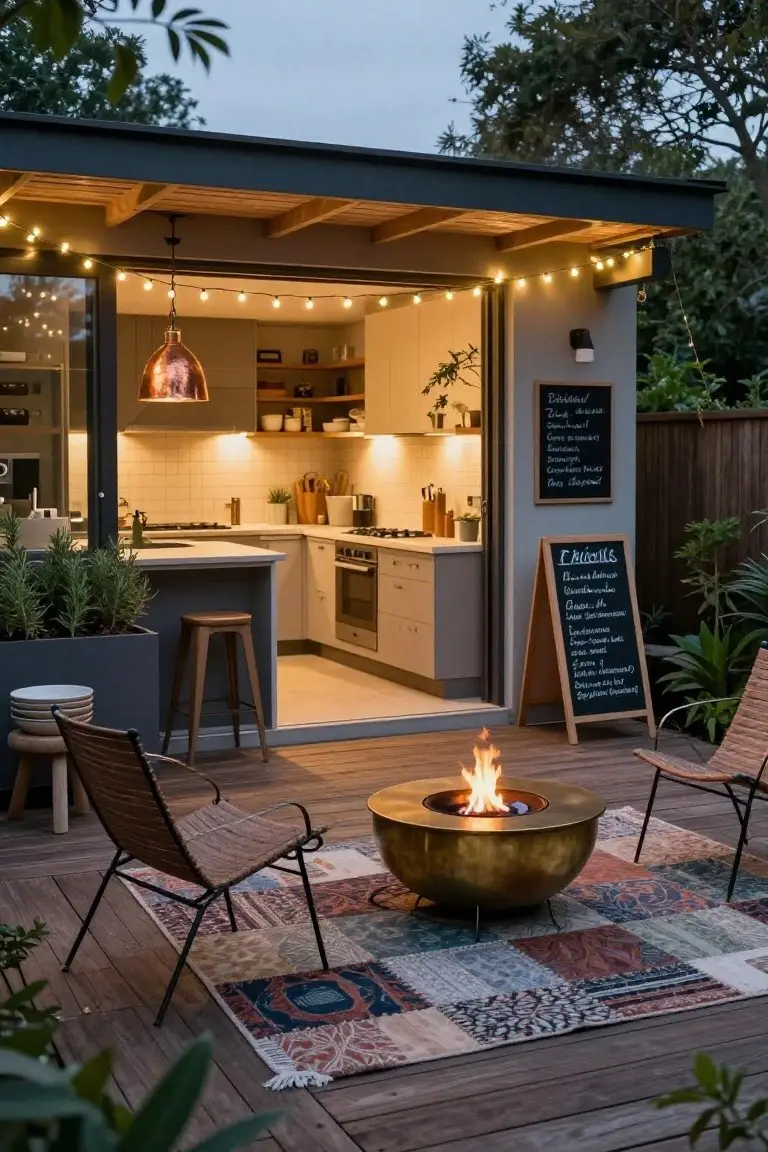 Open outdoor kitchen with white cabinets and countertops under string lights, adjacent deck with fire pit, two chairs, potted plants, and wooden fence.