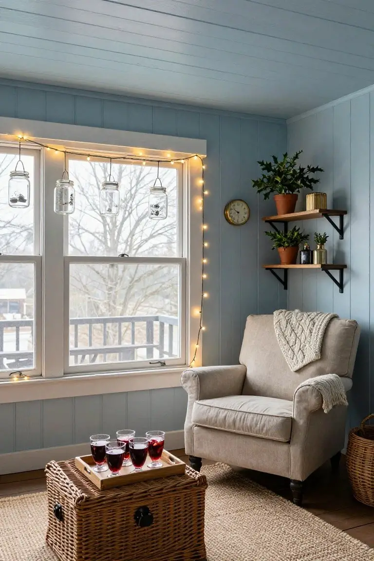 Blue shiplap paneled room with large double-hung windows showing snowy trees and deck outside, fairy string lights along window frames and hanging mason jars, wooden shelves with plants and clock, beige armchair with cream throw blanket, wooden tray with glasses of red wine on wicker stool, seagrass rug on wood floor.