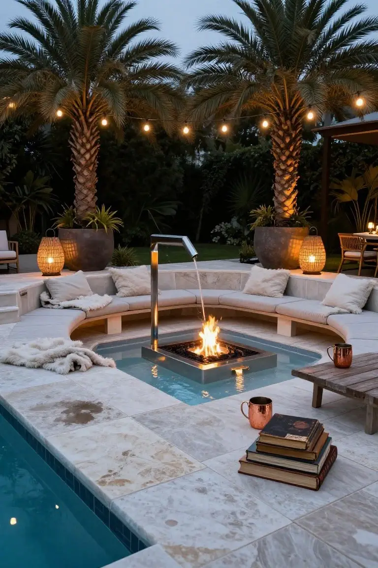 Outdoor patio at dusk with curved cushioned seating around a sunken metal fire pit next to an in-ground pool, string lights hanging between palm trees, potted plants, lanterns, and a low wooden table with books and mug on travertine tiles.