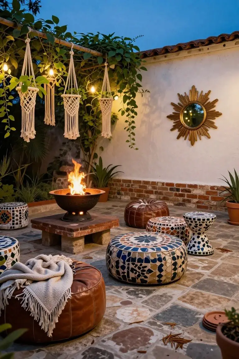 Outdoor patio at dusk featuring a central bronze fire pit on a stone platform surrounded by colorful patterned poufs and stools, string lights hanging from macrame plant hangers with vines on a pergola, white stucco wall with gold sunburst mirror, potted plants, and brick accents.
