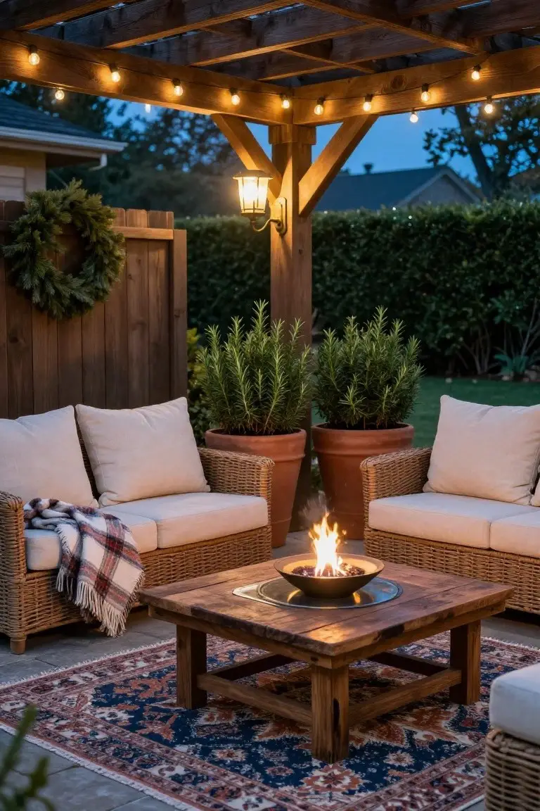 Wooden pergola over a patio with string lights, beige wicker loveseat and chairs around a square wooden coffee table with fire pit, two large terracotta pots with rosemary plants, Christmas wreath on fence, at evening dusk.