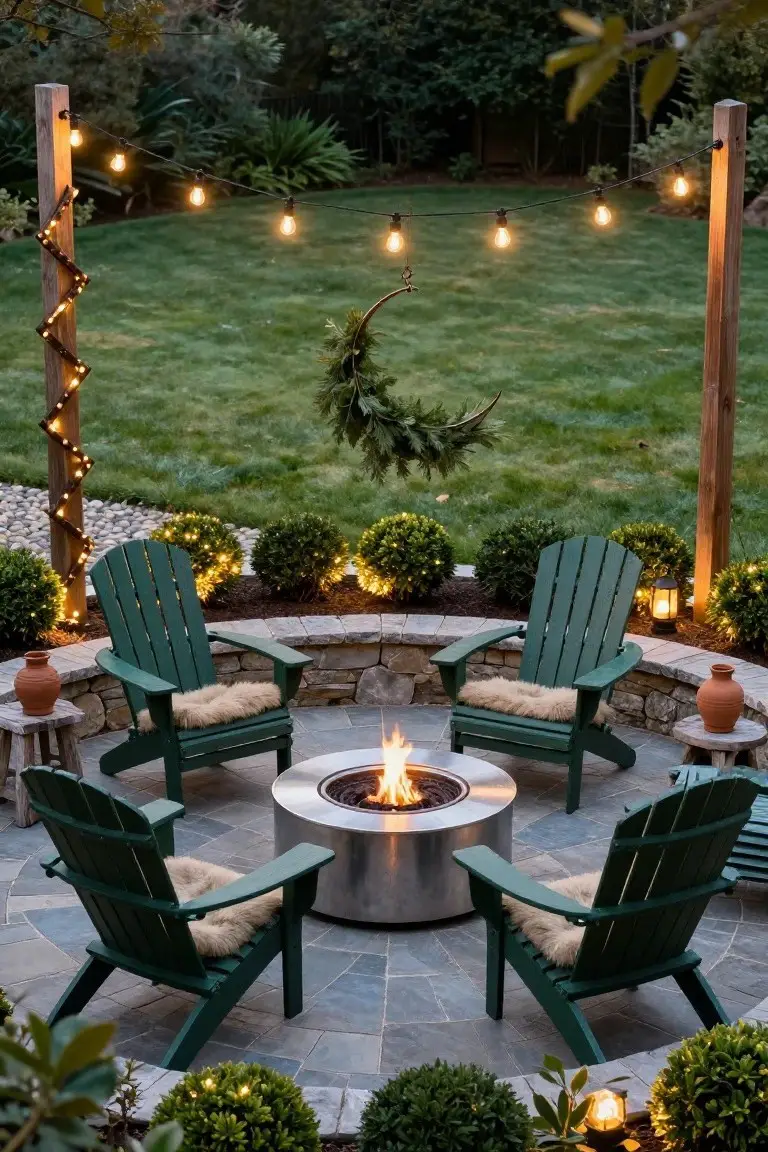 Stone patio at dusk with four green Adirondack chairs and sheepskin cushions arranged around a lit cylindrical metal fire pit, string lights wrapped on wooden posts and strung overhead, flanked by lit bushes and lanterns.