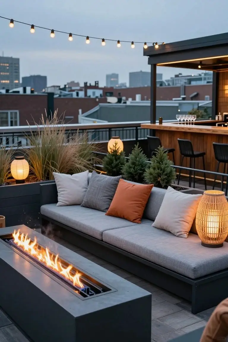Rooftop terrace with L-shaped gray sofa facing linear concrete fire pit, wooden bar with stools, potted ornamental grasses and small trees, paper and rattan lanterns, and strings of warm bulb lights overhead against urban skyline at dusk.