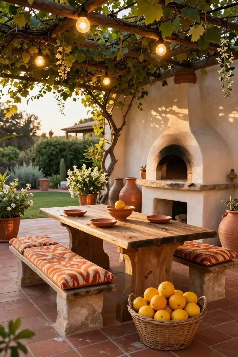 Outdoor patio under a wooden pergola covered in green vines and draped with glowing string lights, featuring a rustic wooden table with benches, terracotta pots, a wood-fired oven, and a basket of oranges on terracotta tile flooring.