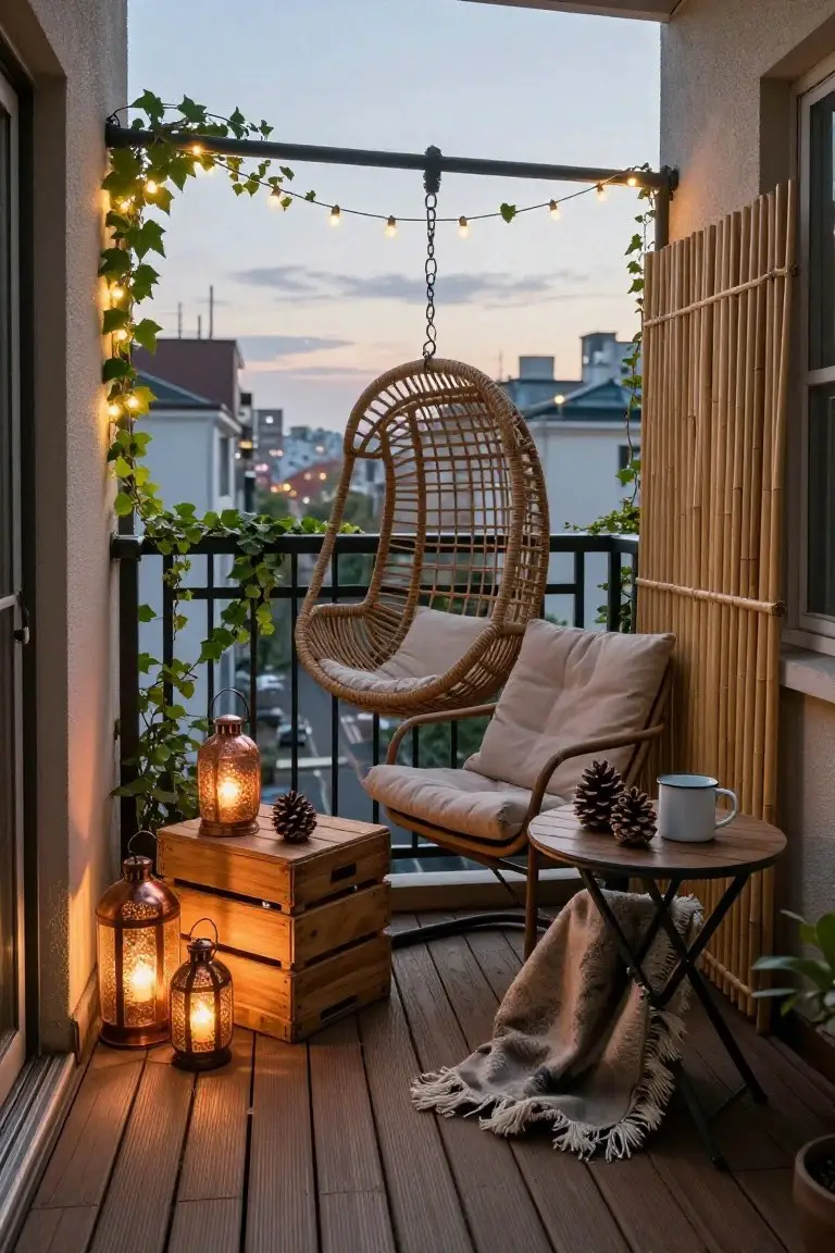 Balcony at dusk with rattan egg chair swing, wooden crates holding copper lanterns and pinecones, small table with mug and pinecones, string lights draped through ivy on pipe railing, bamboo screen, and cityscape view.
