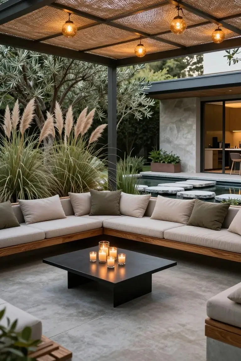 Outdoor patio featuring an L-shaped beige sofa with green and cream cushions around a black square coffee table holding white candles, under a reed-covered pergola with hanging amber globe lights, surrounded by pampas grass, olive trees, and a small stepping-stone pool next to a modern house.