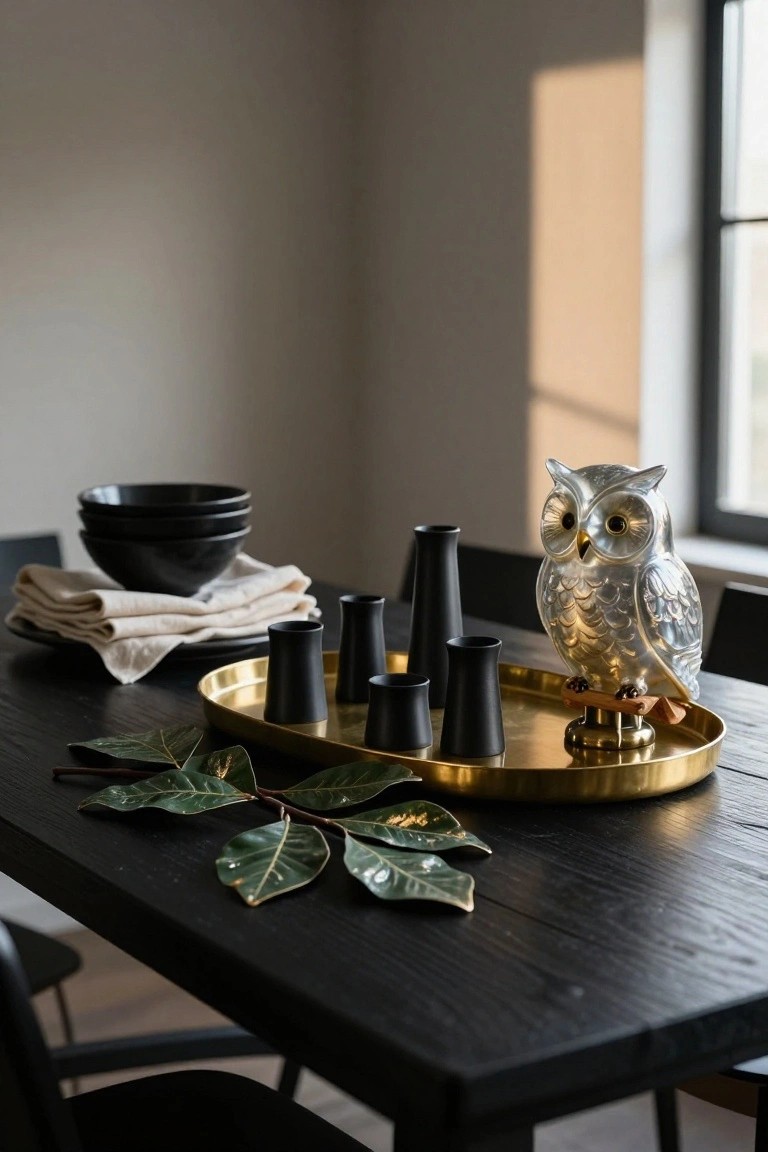 Black wooden dining table holding a gold tray with black taper candles, a silver owl sculpture on a wood base, and green magnolia leaves, beside stacked black bowls on beige napkins in a beige room with a window.