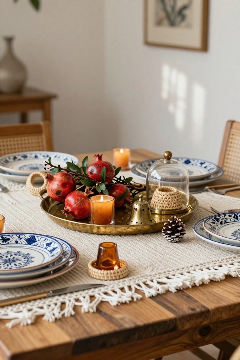 Close-up view of a wooden dining table with a brass tray centerpiece holding pomegranates, lit candles, pine cone, and branches, surrounded by stacked blue and white plates, rattan napkin rings, and wicker chairs.