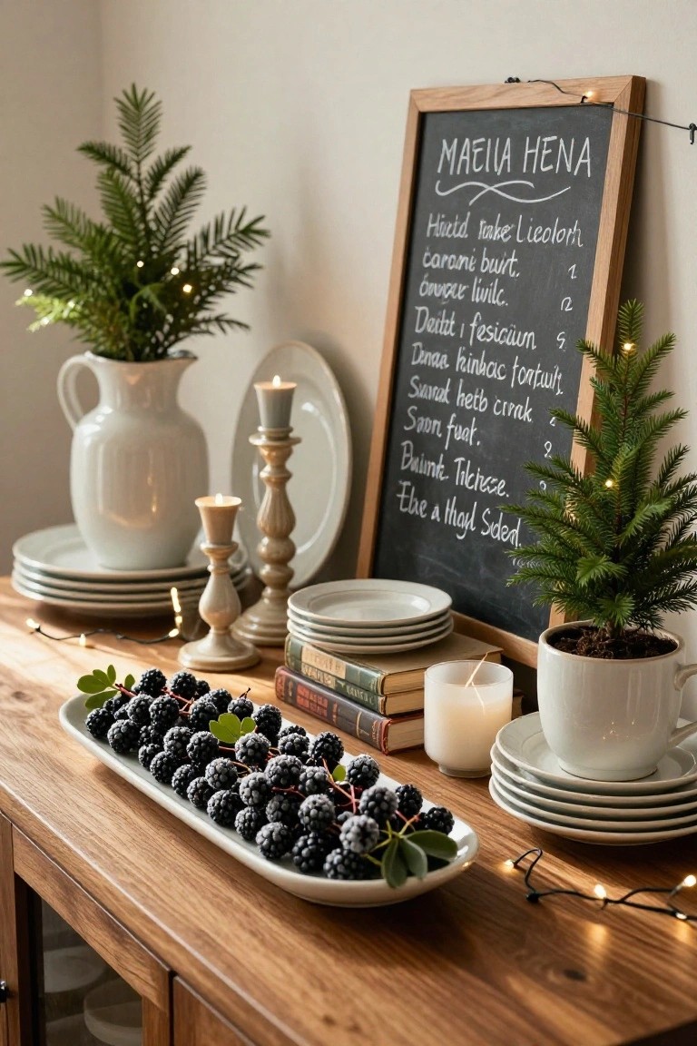Wooden dining table with white plates stacked, candles in holders, a white platter of blackberries with leaves, stacked books, a white mug, faux greenery in pots, fairy lights, and a framed chalkboard menu titled "MÆLIA HENNA" listing dishes in white chalk.
