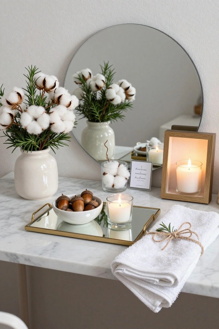 White marble vanity surface with gold tray holding white bowl of acorns, glass candles, vase of white cotton bolls and green rosemary branches, round mirror, wooden candle frame, and folded white towel tied with twine and rosemary sprig.