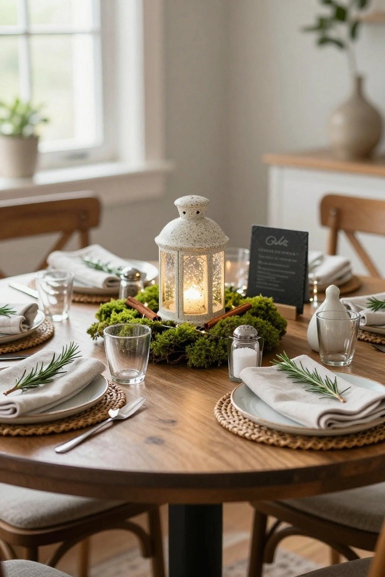 Round wooden dining table set for a meal with a central green moss wreath holding a white lantern with lit interior, cinnamon sticks, salt and pepper shakers, glasses, plates on woven placemats, linen napkins with rosemary sprigs, and a chalkboard sign nearby, in a light-filled room with wooden chairs.
