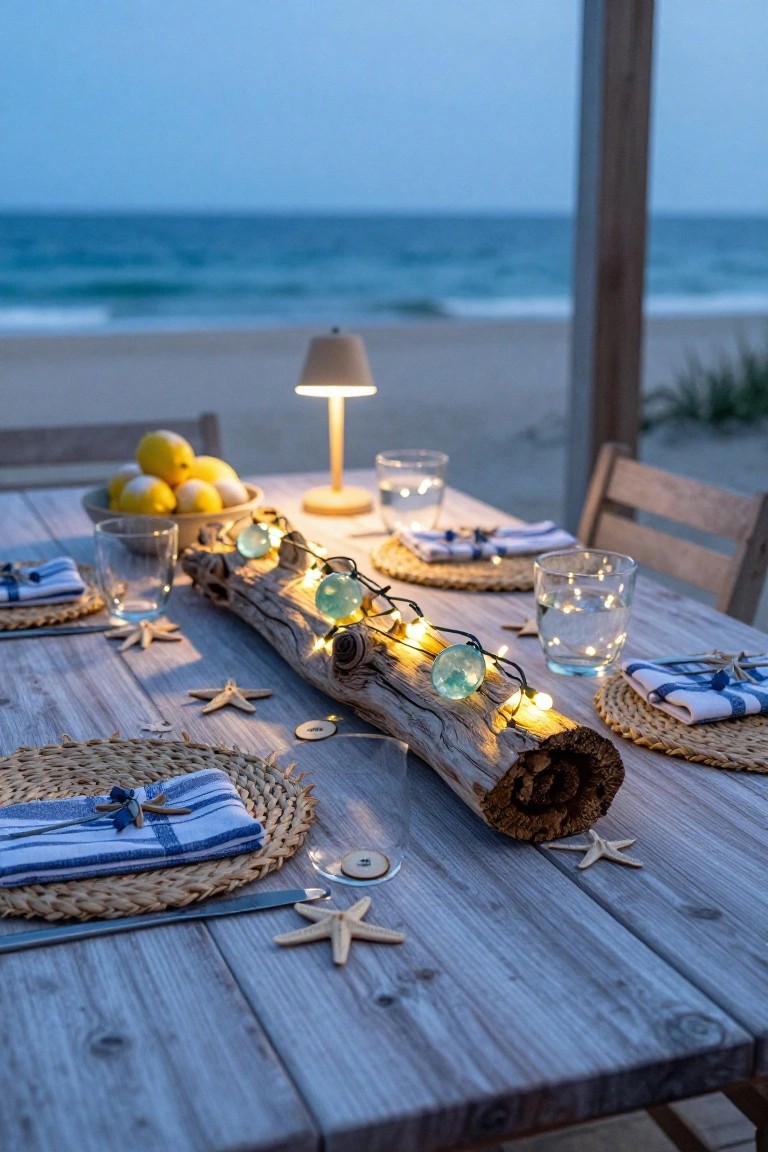 Outdoor dining table on a beachside deck at dusk with a driftwood centerpiece strung with fairy lights featuring blue glass beads, surrounded by glassware, woven placemats, nautical napkins, starfish, and a bowl of lemons.