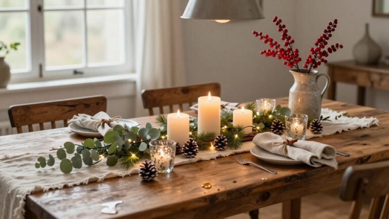Wooden dining table with Christmas centerpiece of eucalyptus garland, pine branches, fairy lights, white pillar candles, pinecones, and berries in a wooden tray, plus linen napkins tied with twine and place settings.