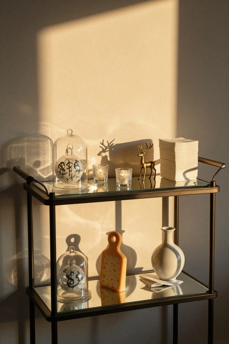 Black metal bar cart with glass shelves in a beige room, upper shelf holding glass-domed ornament, candles, gold reindeer figurines, and stacked white napkins, lower shelf with wooden cheese board, glass ornament, and white vase, golden afternoon light casting shadows.