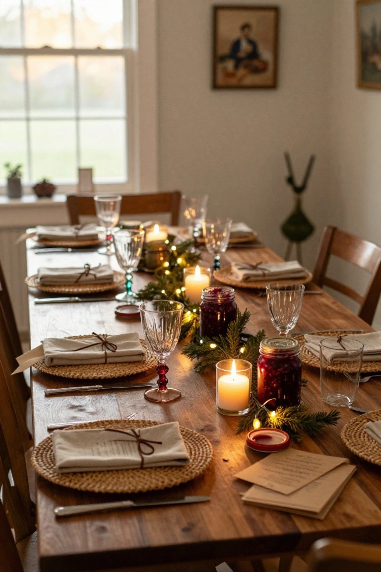 Wooden dining table decorated for Christmas with seagrass placemats, linen napkins tied with twine, crystal wine glasses, pillar candles, jars of cranberries, pine garland, and fairy lights running down the center.