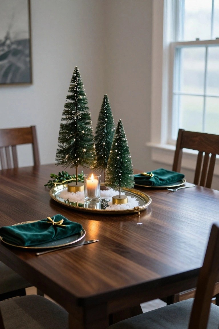 Elegant dining table with green velvet napkins, decorative trees, and a candle centerpiece.