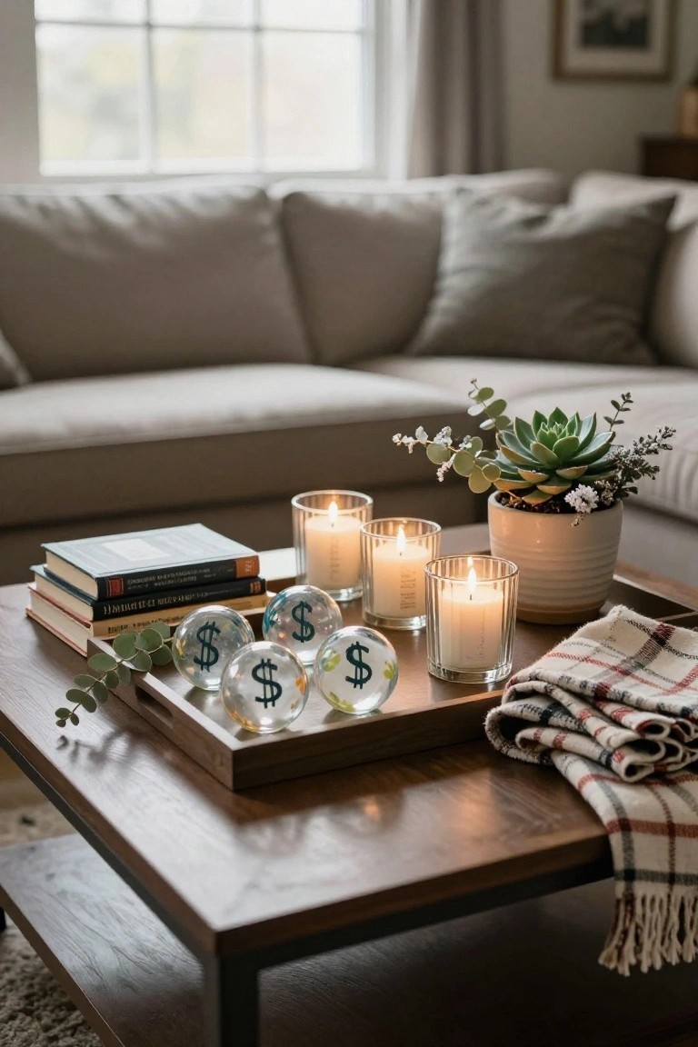 Wooden coffee table tray on a low table holding stacked books, three clear glass globes with black dollar sign stickers, three lit white candles in glass holders, eucalyptus leaves, and a small potted succulent with white flowers, beside a beige sofa in a living room with window and plaid throw.