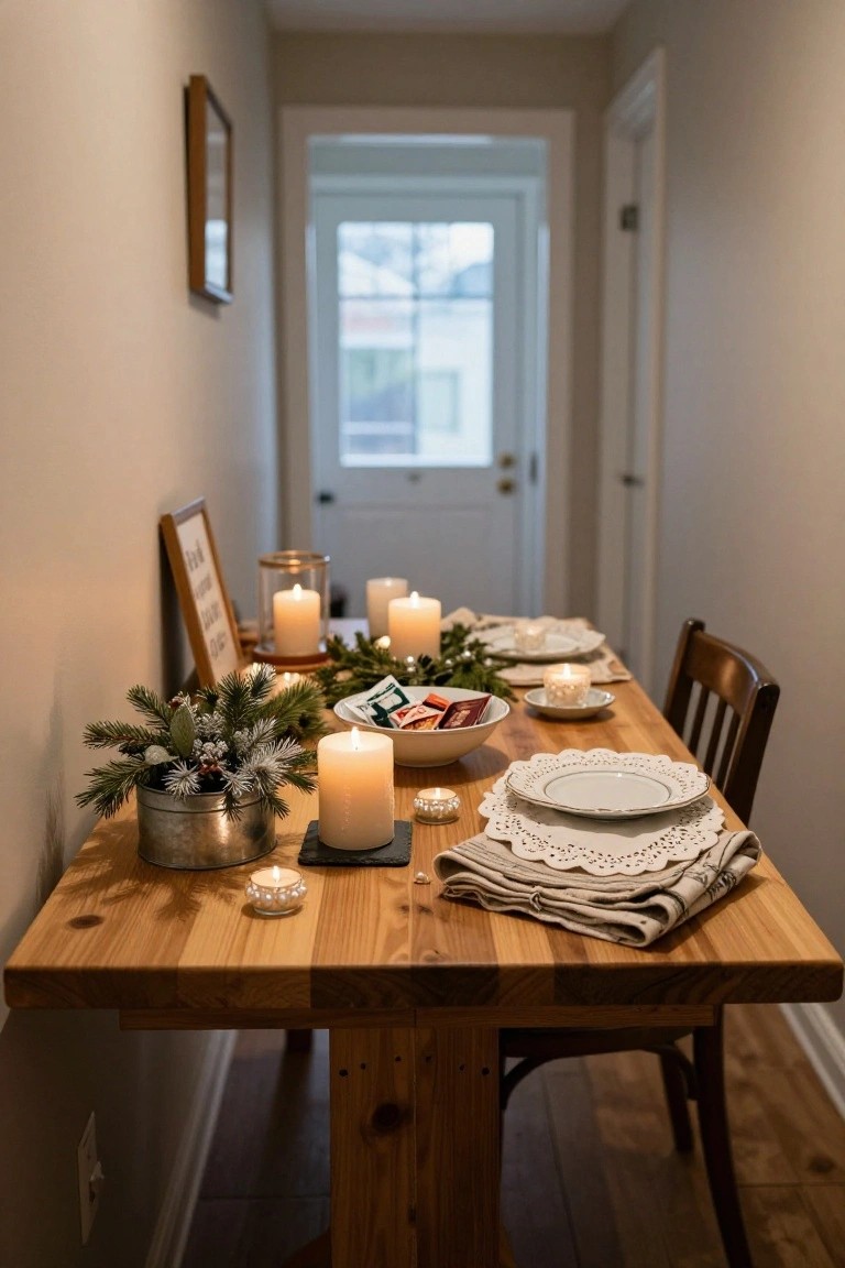 Narrow indoor hallway with a wooden dining table set for Christmas, featuring multiple lit candles, pine greenery in a galvanized bucket, white plates on lace doilies, linen napkins, and a bowl of holiday treats.