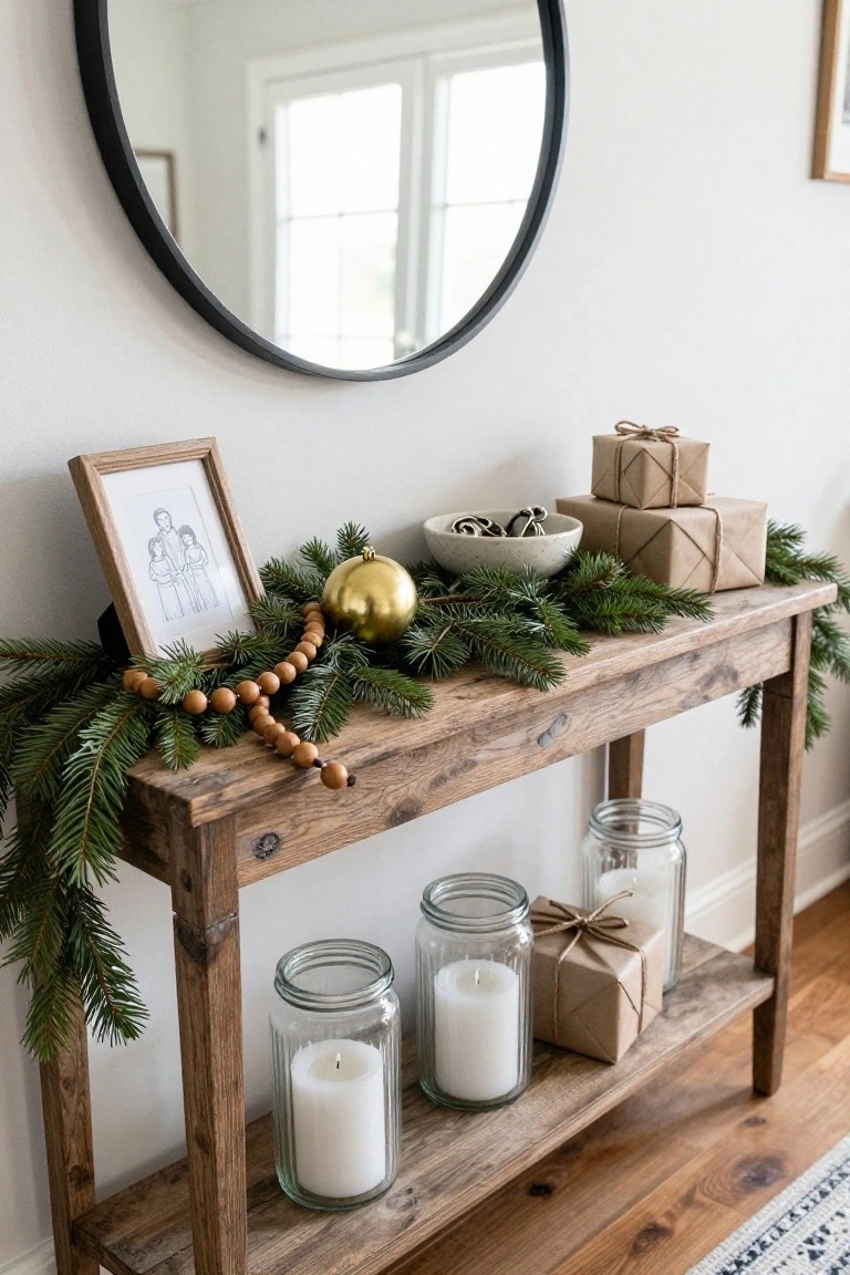 Rustic wooden console table against a white wall in an entryway, decorated with pine garland, wooden bead strand, gold ornament, speckled bowl, mason jar pillar candles, wrapped kraft gifts, and a framed line drawing of a family next to a large round black mirror.