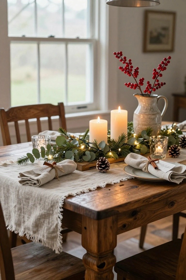 Wooden dining table with Christmas centerpiece of eucalyptus garland, pine branches, fairy lights, white pillar candles, pinecones, and berries in a wooden tray, plus linen napkins tied with twine and place settings.