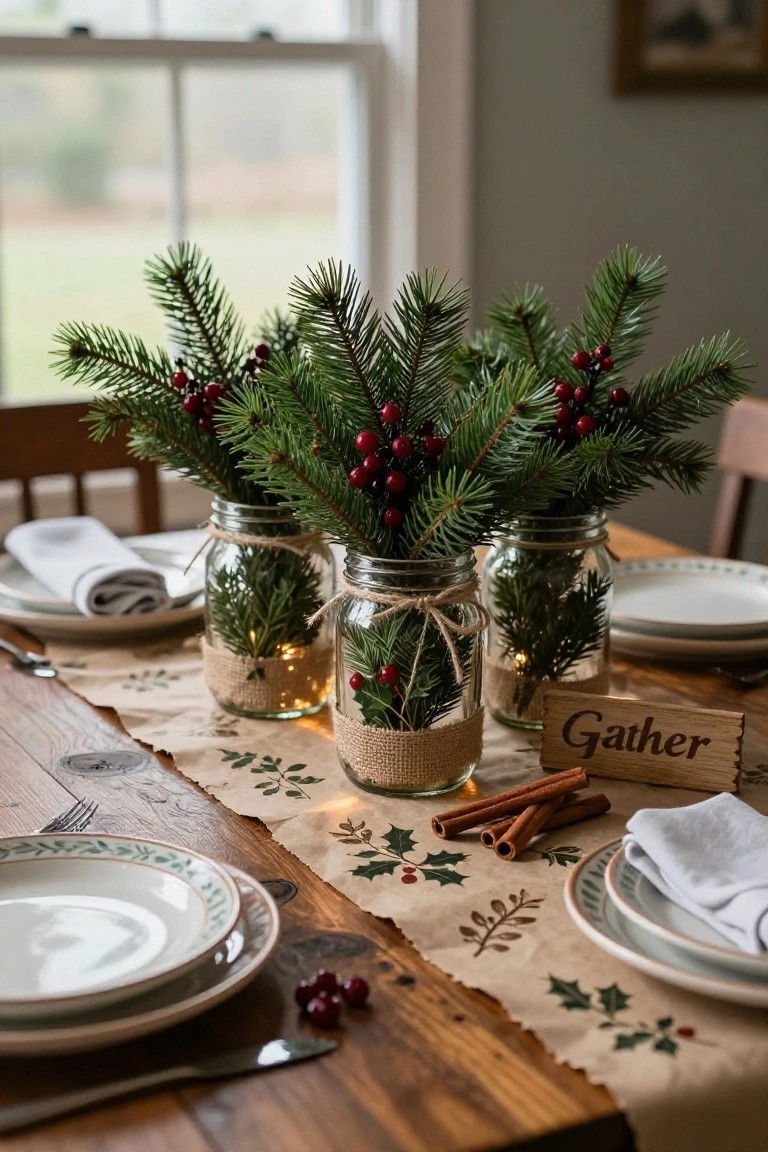 A dining table with three twine-wrapped mason jars filled with evergreen branches, red berries, cinnamon sticks, and fairy lights as centerpieces, a wooden "Gather" sign, plates, napkins, and a burlap runner on a wooden table.