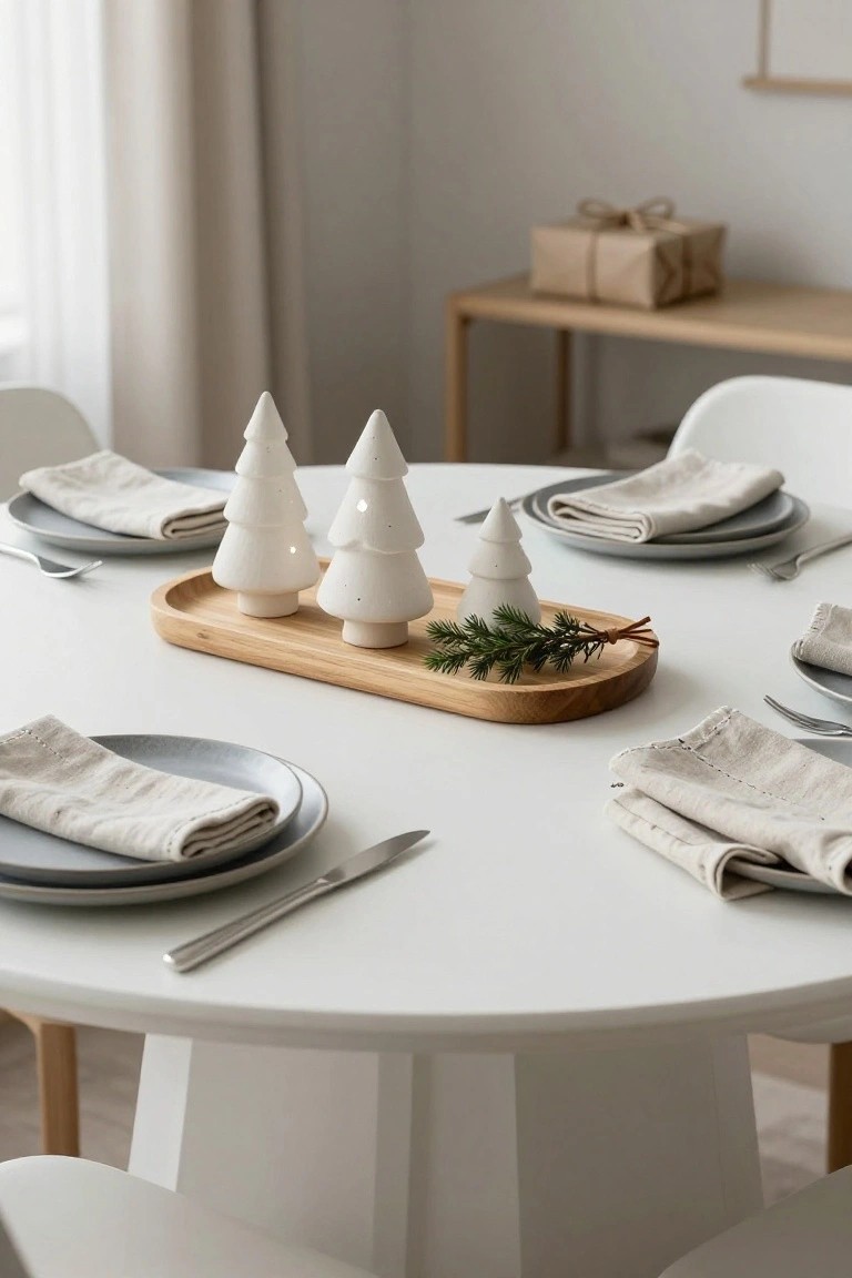 Close-up view of a white round dining table set with gray plates, beige linen napkins, silverware, and a light wooden oval tray in the center holding small white ceramic Christmas trees topped with lights and green spruce branches, surrounded by white chairs in a bright room.