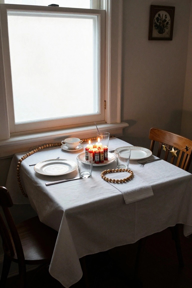 Close-up view of a small wooden dining table set with white plates, glasses, a teacup and saucer, clustered lit candles on red cans, wooden bead garlands draped across, and wooden chairs in a softly lit room with a window.