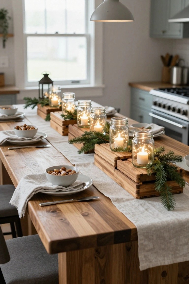 Wooden kitchen island table set with a linen runner, place settings including white plates and bowls of nuts, and central wooden crate arrangements holding mason jars with candles surrounded by pine branches.