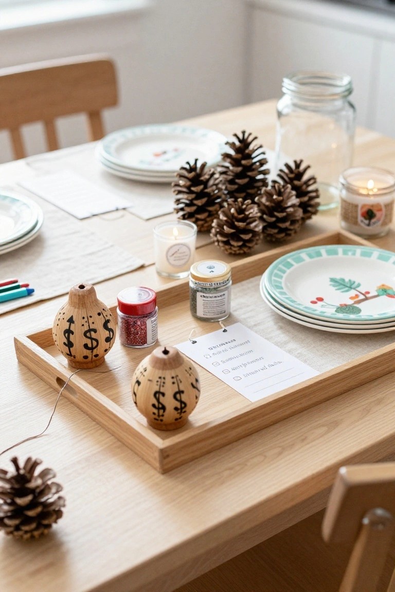 Wooden tray on a dining table holding two carved shakers shaped like gourds with dollar sign designs, red glitter container, small jars, pinecones, candles, and a paper checklist, with Christmas plates and colored pencils nearby.