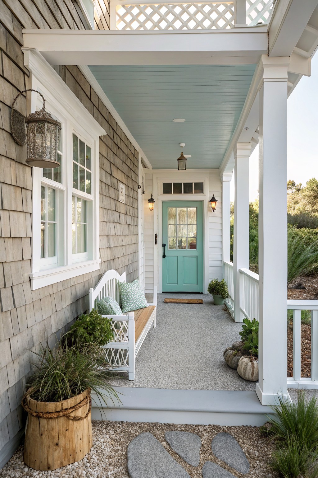 Gray shingle siding house with white porch columns and trim, blue ceiling, teal front door with glass panels, white bench with green pillows, potted plants, and stone path leading to entry.