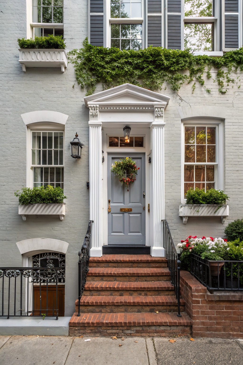 Gray brick townhouse exterior with white trim, Doric columns and pediment framing a blue front door, window boxes with plants, climbing ivy on upper walls, and brick steps with iron railing.