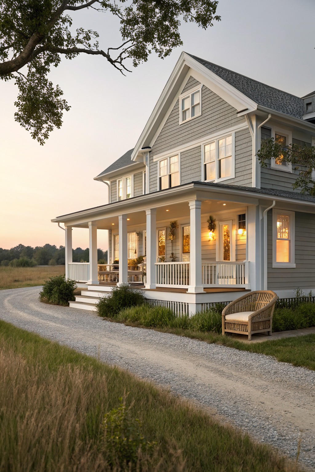 Gray shingle house exterior with white trim and wraparound porch supported by columns, warm window lights at dusk, gravel driveway, potted plants on porch, and grassy field nearby.