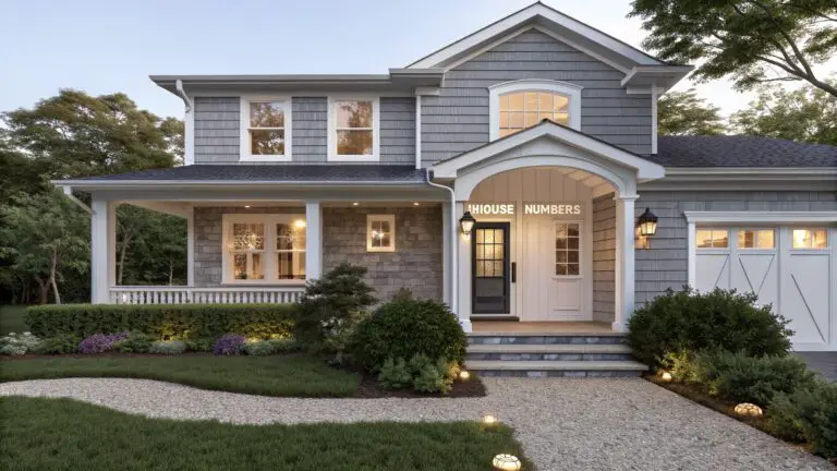 Gray shingled two-story house exterior with white trim and a covered portico entry featuring columns, a wooden door with glass panels, hanging lantern, potted plants, boxwoods, and a gravel path.