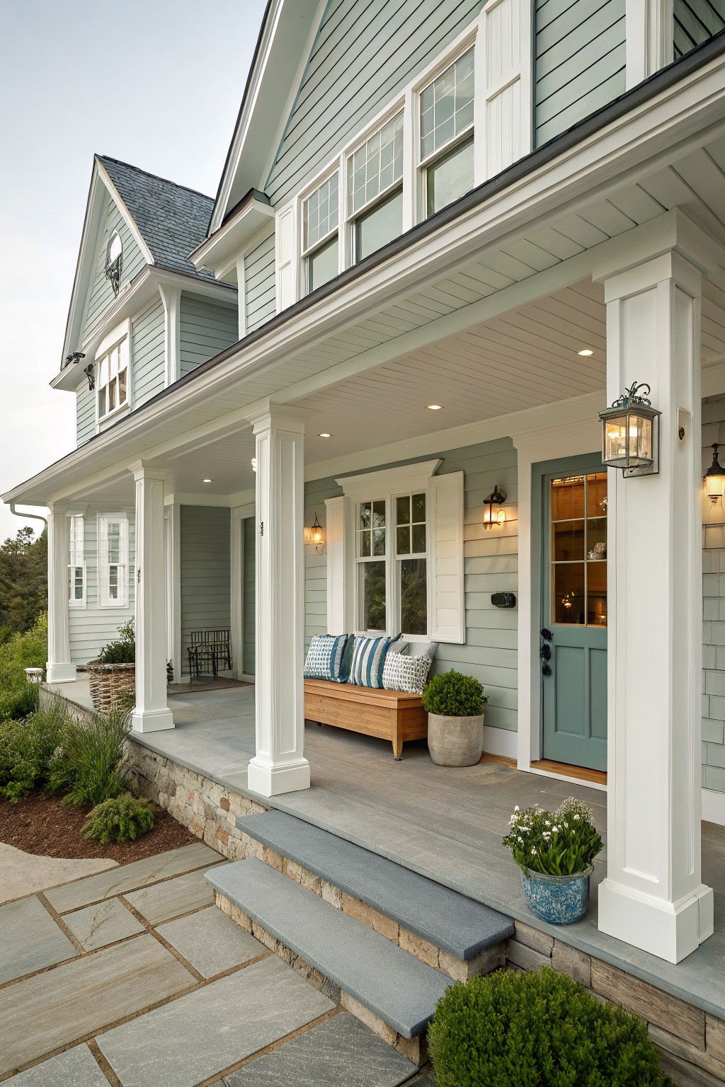 Light gray clapboard house exterior with white trim and fluted porch columns, teal front door with glass panels, lanterns, wooden bench with cushions on porch, stone steps, and low landscaping.