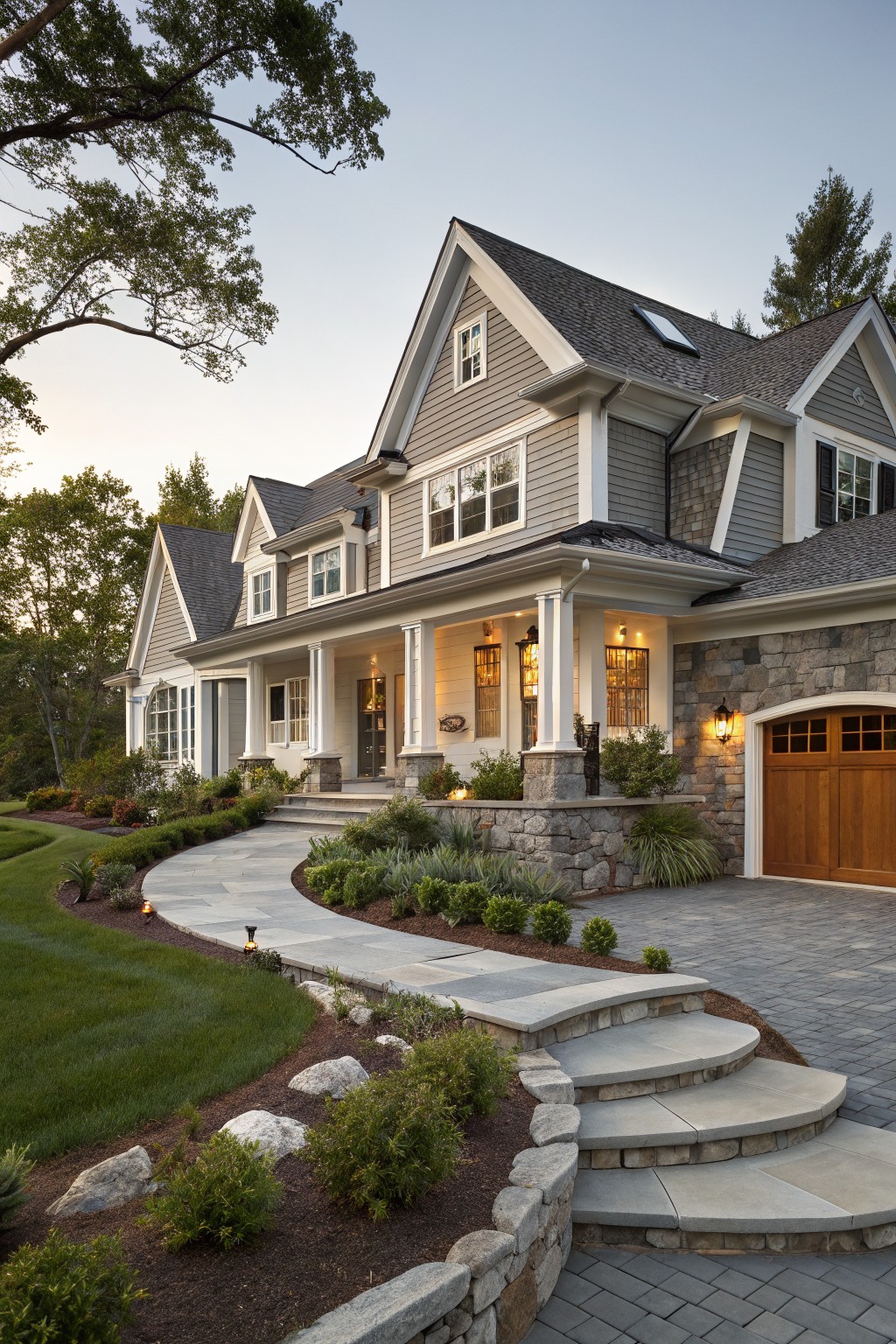 Two-story gray shingle-style house with white trim, gabled roofs, wraparound front porch with columns, stone foundation and accents, wooden garage door, curved bluestone pathway with steps, low plantings, and surrounding trees at dusk.
