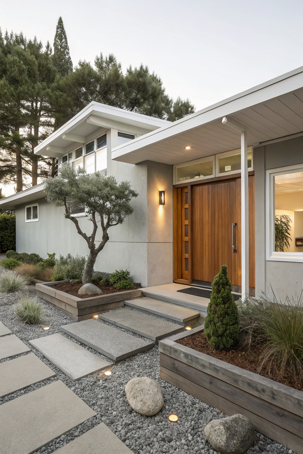Modern gray stucco house exterior with white trim, featuring a tall wooden front door under a covered entryway, concrete steps, olive tree, raised planters, gravel path, and surrounding pines.