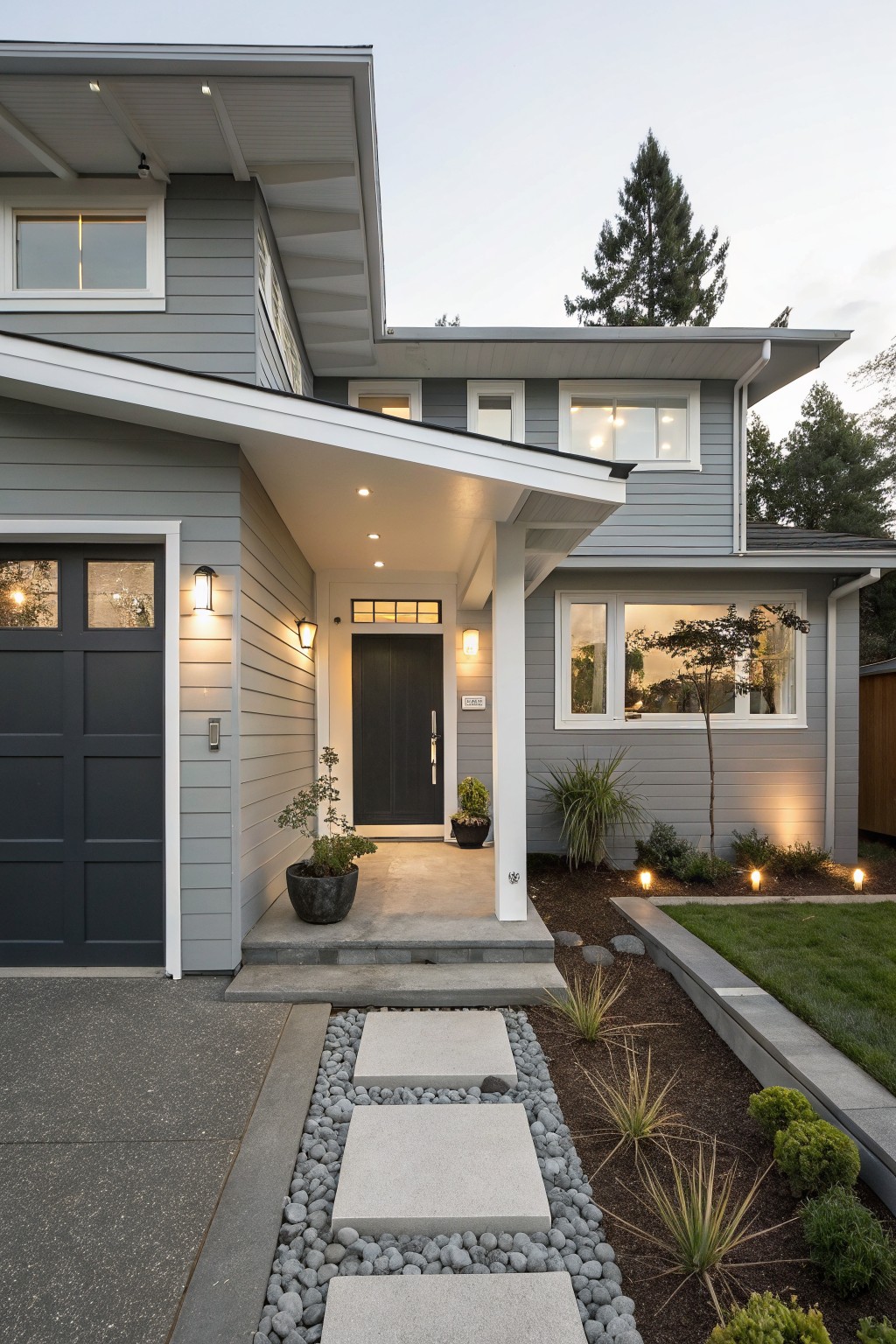 Gray two-story house exterior with board-and-batten siding, white trim around windows and doors, covered front porch with columns and black entry door, attached garage, and front yard landscaping including pebble path, grasses, and low lights.