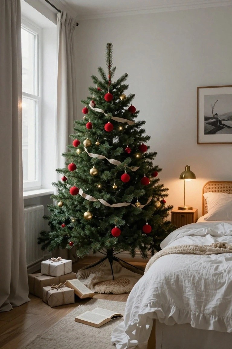 A Christmas tree decorated with red balls, gold ornaments, and beige ribbon garlands stands in a white bedroom corner next to a bed with white linens, a rattan nightstand with a gold lamp, and wrapped gifts on the floor near beige curtains and a window.